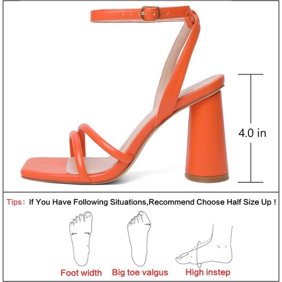 Women's Orange Square Open Toe Strappy Ankle Strap Block Heeled Sandals Shoes - Picture 4 of 9